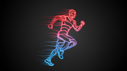 Naklejka premium Neon runner glowing athlete dynamic motion speed energy abstract human fitness colorful outline black background futuristic style vibrant lines motivation power determination digital art sports