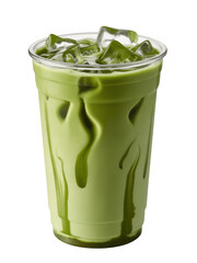 Iced matcha green tea beverage in a clear plastic cup with ice cubes isolated on a transparent background
