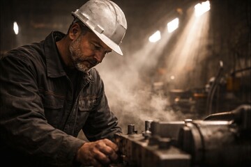 Focused craftsman meticulously works on metal machinery amidst dramatic lighting and a gritty workshop setting.