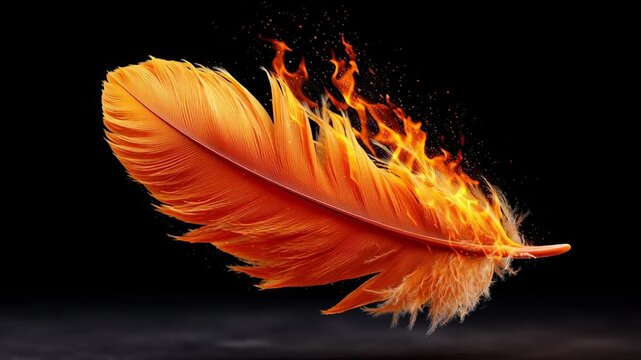 Orange feather engulfed in flames floats gracefully against a black background, showcasing vibrant colors and dynamic movement in a visually striking display of fire and nature