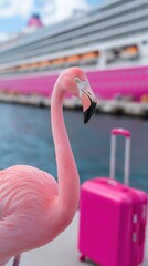 Fototapeta premium Pink flamingo by the ocean with cruise ship and suitcase in background
