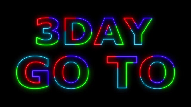 Glowing colorful neon 3 day to go Intro Template animation. promo style background . 4k animation Horizontal glowing colorful neon line animation.