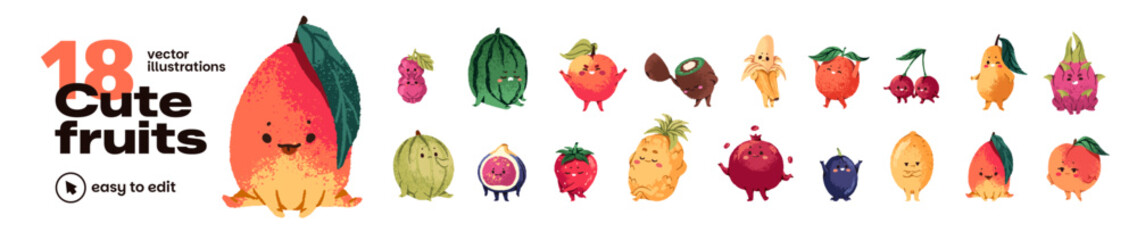 Set of cute fruit and berries characters. Kawaii banana and mango with different emotions on face. Funny watermelon and orange with happy, sad expressions. Flat isolated vector illustrations on white.