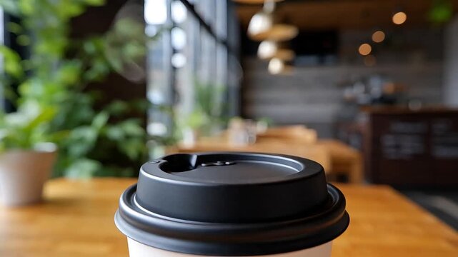 Close up of a black plastic lid of a coffee cup on a wooden table in a cozy blurred cafe interior