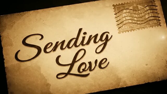 Vintage postcard cursive "Sending Love" with aged paper texture and gentle stamp effect, nostalgic 3D animation