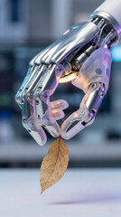 Robotic hand holding leaf