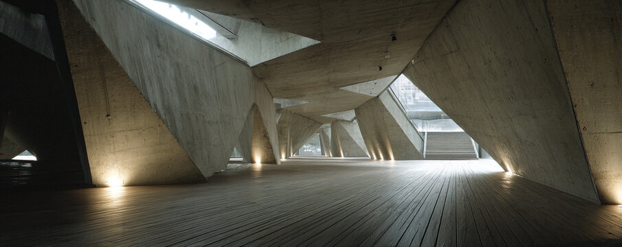 Futuristic interior with monolithic concrete slabs + seamless timber deck 32k ultra HD