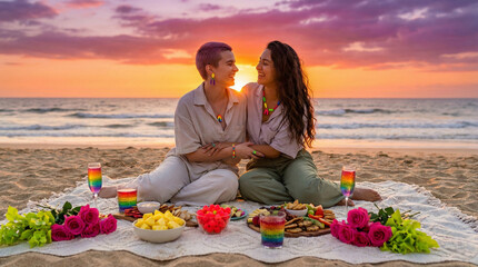 Couple romantic beach picnic sunset