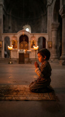 Child praying kneeling church interior candles