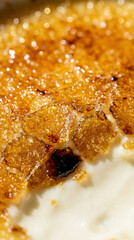 Cr&egrave;me br&ucirc;l&eacute;e caramelized custard dessert closeup