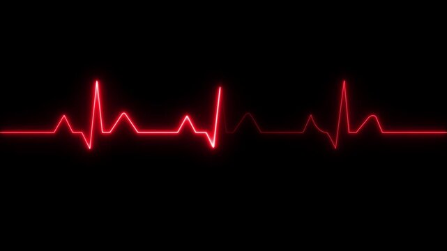 ECG monitor beating heart with a neon electrocardiogram overlay, featuring dynamic HUD elements and a gradient background.Abstract neon heartbeat signal icon animation background on black back ground