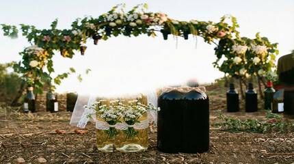 Rustic outdoor wedding altar floral arch wine bottles sunset vineyard