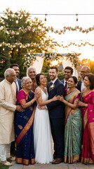 Multi-generational Indian family celebrating wedding group hug traditional attire