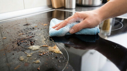 Hand cleaning burnt dirty induction cooktop with blue sponge close up