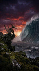 Epic fantasy wave with dragon silhouette on rocky cliff dramatic sunset
