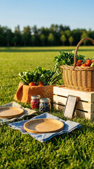 Picnic setup in field basket fresh vegetables fruits bread plates