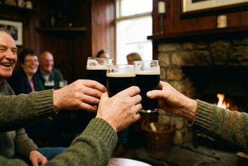 Friends Toasting Beers by Cozy Fireplace