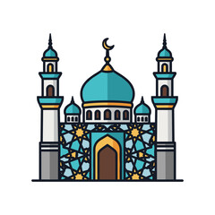 Islamic mosque with crescent moon and stars vector illustration flat design turquoise and white architecture