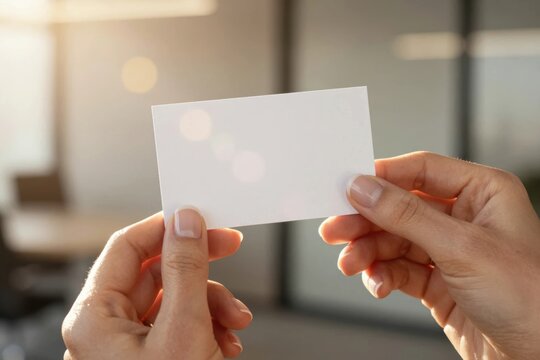 Holding a blank business card in a bright office setting during the day