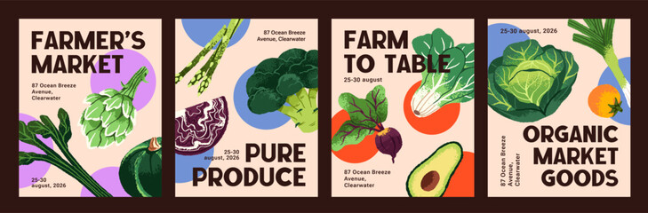 Promotion designs of farm markets set. Advertising templates of grocery stores with organic vegetables. Layouts with different agricultural crops, healthy natural food. Flat vector illustrations. © Paper Trident