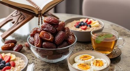 Full Healthy Iftar Meal Spread on Table with Porridge and Dates