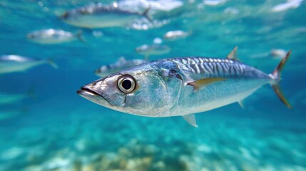 Underwater close-up of mackerel swimming in clear blue sea