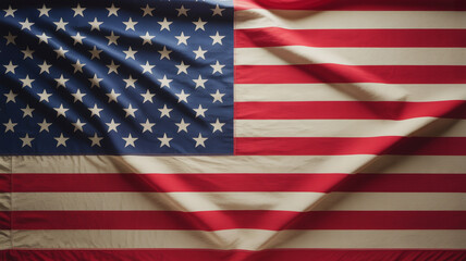 Obraz premium Waving American flag with realistic fabric texture and dramatic lighting creating soft shadows on stars and stripes for patriotic holiday backgrounds or national identity concepts