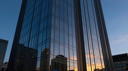 Naklejka premium Building reflects sunset in city skyline during evening hours in urban area