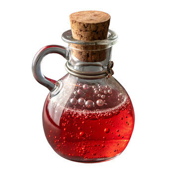 Small glass with cork stopper  filled with  red liquid isolated on  a transparent background