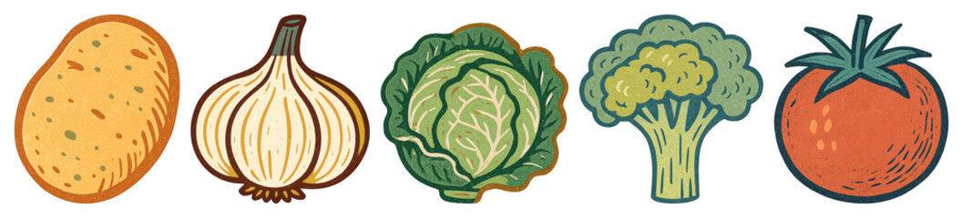 Obraz premium PNG Colorful illustrated fresh vegetable icons, element set on transparent background