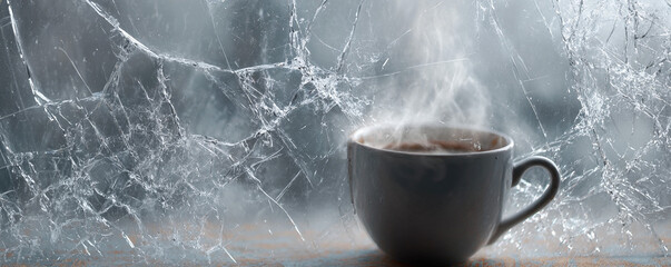 Frosted window cracks and patterns forming abstract backdrop behind steaming coffee mug 32k ultra HD