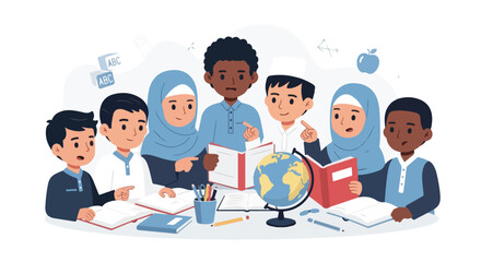 Diverse group of children learning together, promoting education, unity, and cultural understanding in a classroom setting.