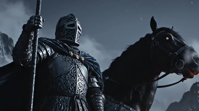 Eternal Sovereign Mounted Dark Knight in Ornate Obsidian Armor on Foggy Peak
