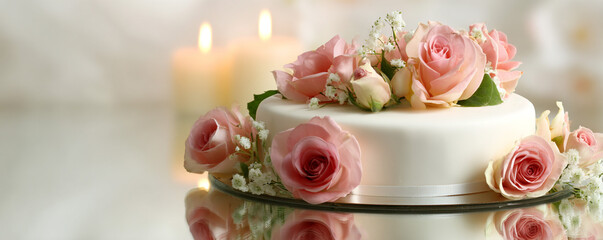 Full mirror cake surface reflecting the white background and candles softly 32k ultra HD