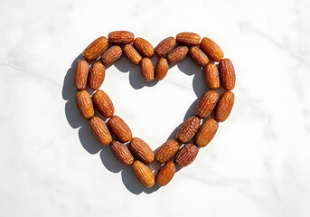 Heart shape made of almonds on white marble surface