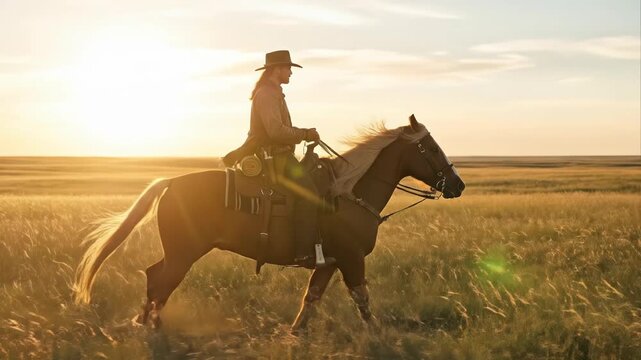 Cowboy rides a horse through a golden prairie at sunset.