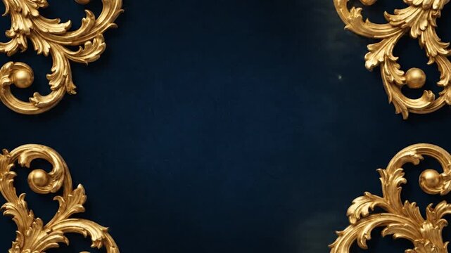 Gold ornate embellishments in four corners frame a dark blue textured background