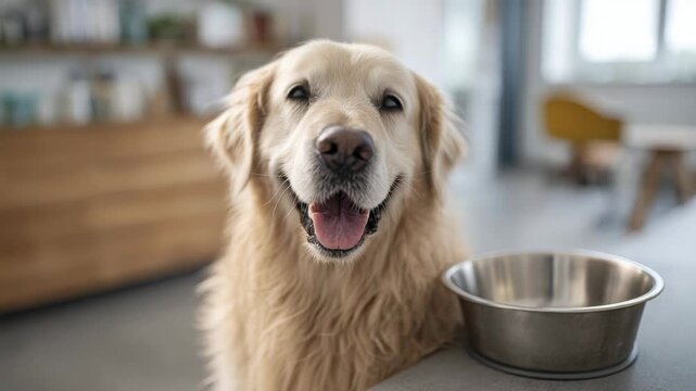 Adorable golden retriever looking at the camera, panting with its tongue out and waiting patiently for its meal next to an empty metal bowl in a modern kitchen, ready for feeding time