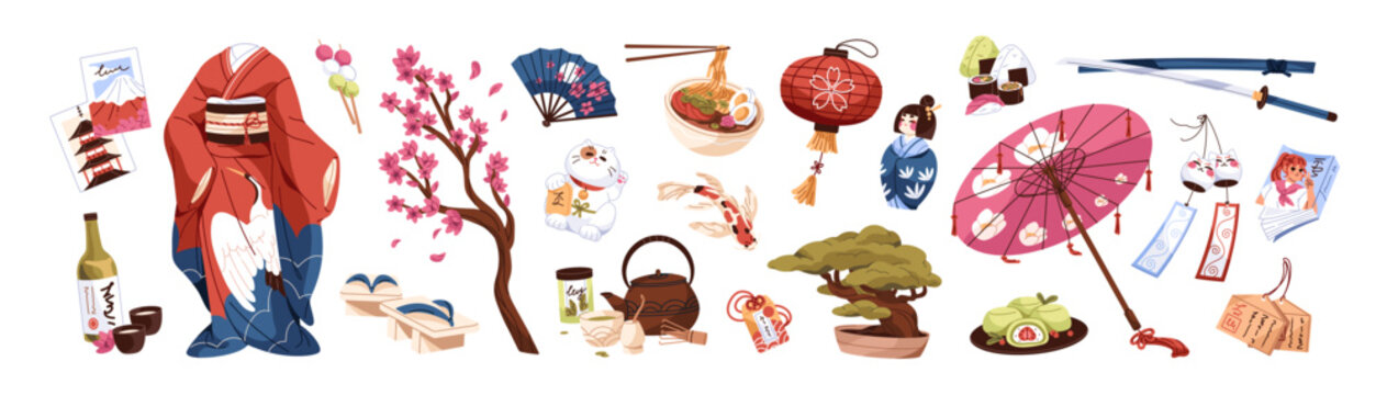 Set of Japanese culture items. Asian food and things: lantern, maneki&nbsp;neko, sushi. Chinese tea ceremony, geisha kimono. Stuff of asia, china and Japan Flat isolated vector illustrations on white.