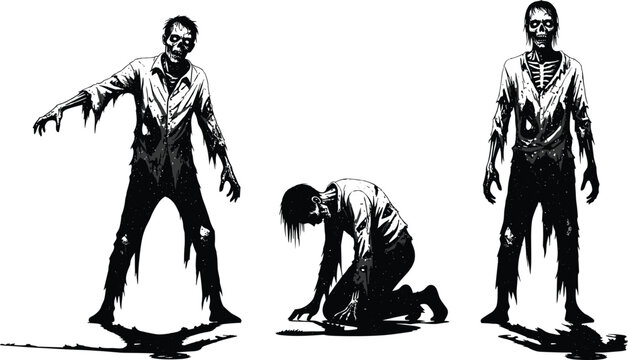 Scary zombie silhouettes collection featuring undead walking dead characters in tattered clothes isolated on white background for halloween horror party posters and graphic design