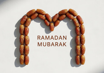 Ramadan Mubarak greeting with heart shaped dates on white background
