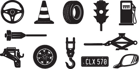 Black car repair tools and parts vector icons, including steering wheel, tire, traffic cone, gas pump, isolated on transparent background, png