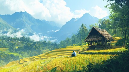 Fototapeta premium Man contemplating landscape with rice terraces and mountains