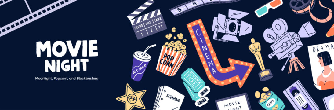 Design of cinema event banner with industry items. Advertising template of movie night with border from tickets, camera, popcorn. Promotion layout of film in the theater. Flat vector illustration.