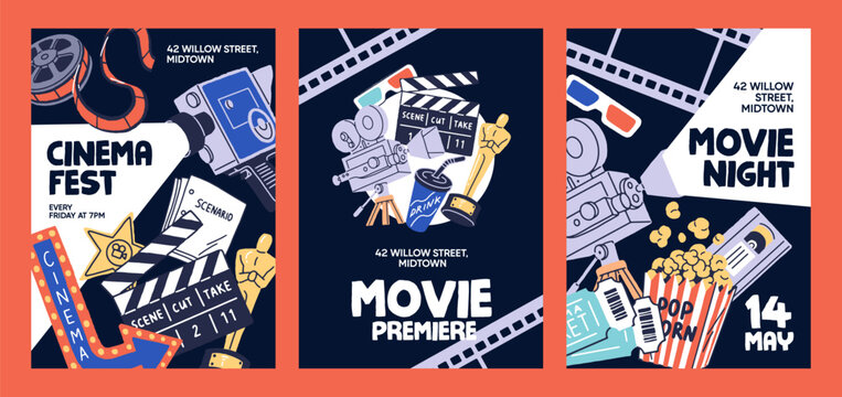 Cinema event posters designs set. Advertising templates of movie screening in theater. Promotion layout of Hollywood fest of films with items, elements of cinematography. Flat vector illustrations.