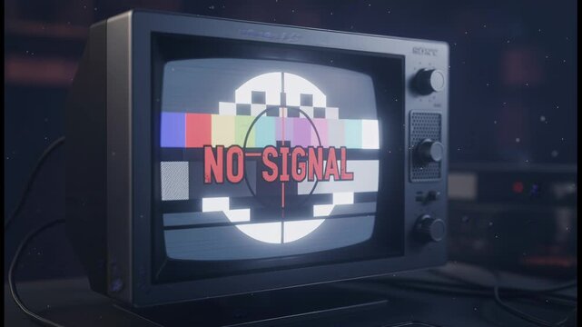 Old television with a cathode ray tube screen showing a classic no signal test pattern and an error message. Representing broadcasting issues. Technical failure. Or nostalgia for retro technology