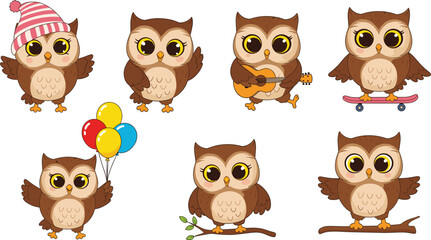 Cute cartoon owl character collection featuring expressive poses with guitar skateboard balloons and winter hat for children's storybook nursery decor and whimsical vector design © MdGohurul