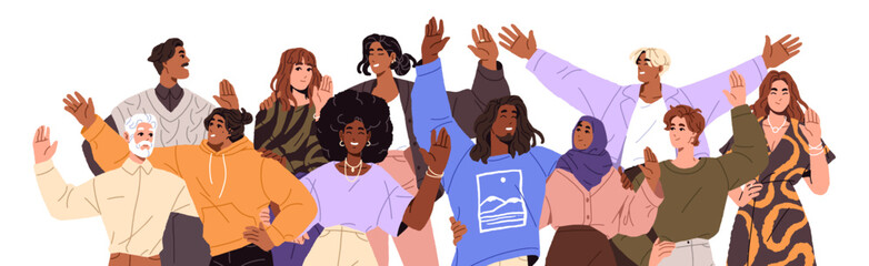 Group of people of different ages is waving. International team says Hello with hand gesture. Diverse happy men and women are greeting together. Flat isolated vector illustration on white background. © Paper Trident