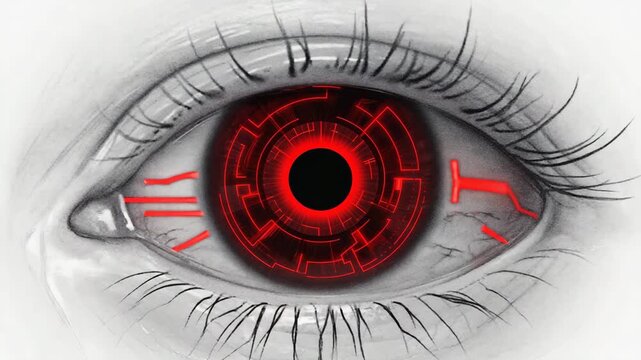 Closeup of a futuristic eye with red circuitry and glowing iris