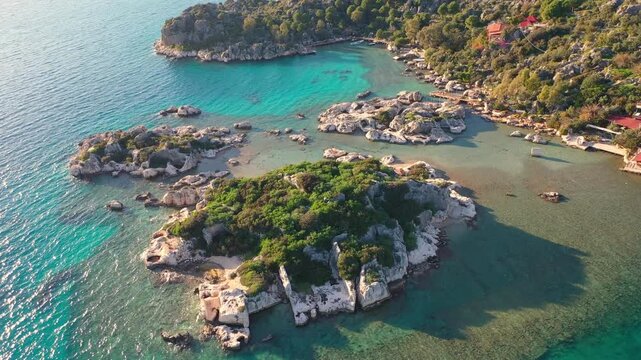 Aerial view of the picturesque secluded village of Kalek&ouml;y (Simena) on the Lycian coast of Turkey (Antalya region), famous for its partially submerged ancient ruins.